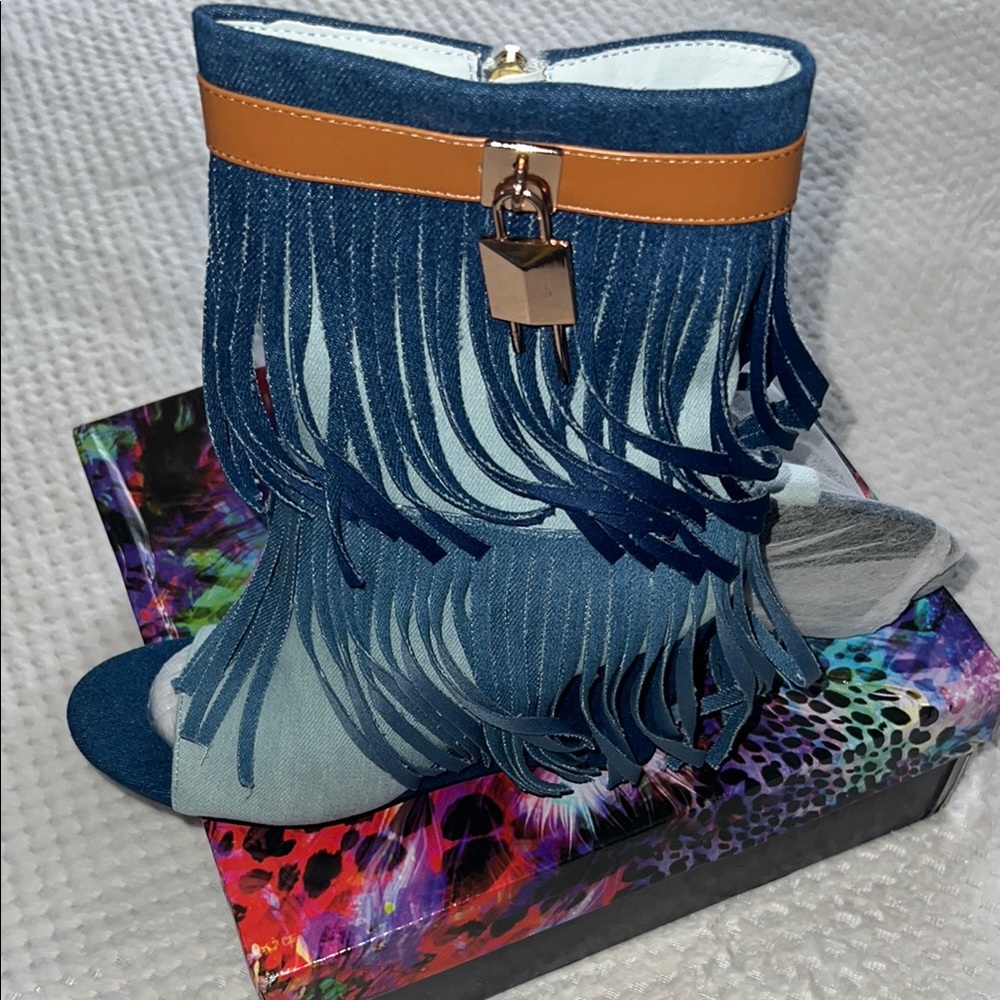 Fringe Denim Peep-Toe Booties